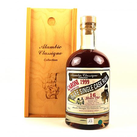 Caroni 1999 Alambic Classique 16 Jahre Trinidad Rum Flasche Vorderseite mit Originalverpackung