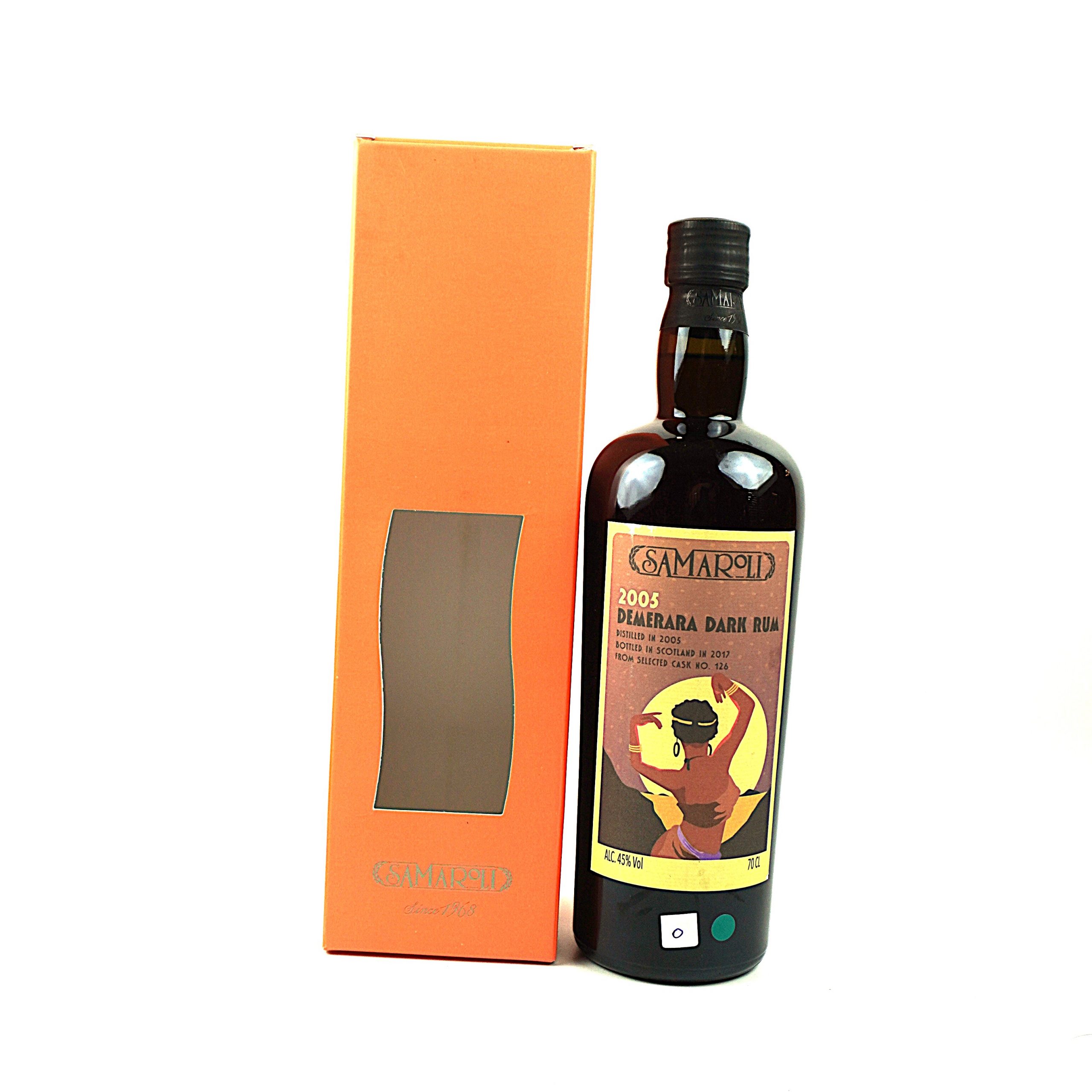Demerara 2005 Samaroli Single Cask 126 Guyana Rum Flasche Vorderseite mit Originalverpackung