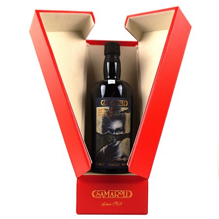 Caroni 1997 Samaroli Caksus Single Cask 899 25 Jahre Trinidad Rum Flasche Vorderseite mit Originalverpackung