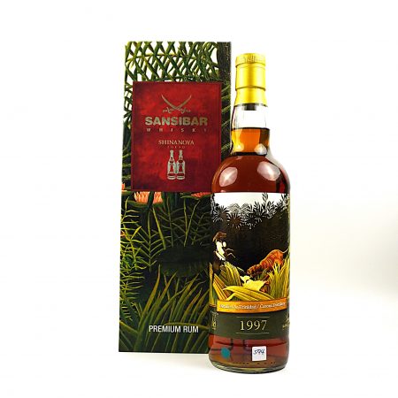 Caroni 1997 Sansibar Shinanoya 23 Jahre Trinidad Rum Flasche Vorderseite mit Originalverpackung