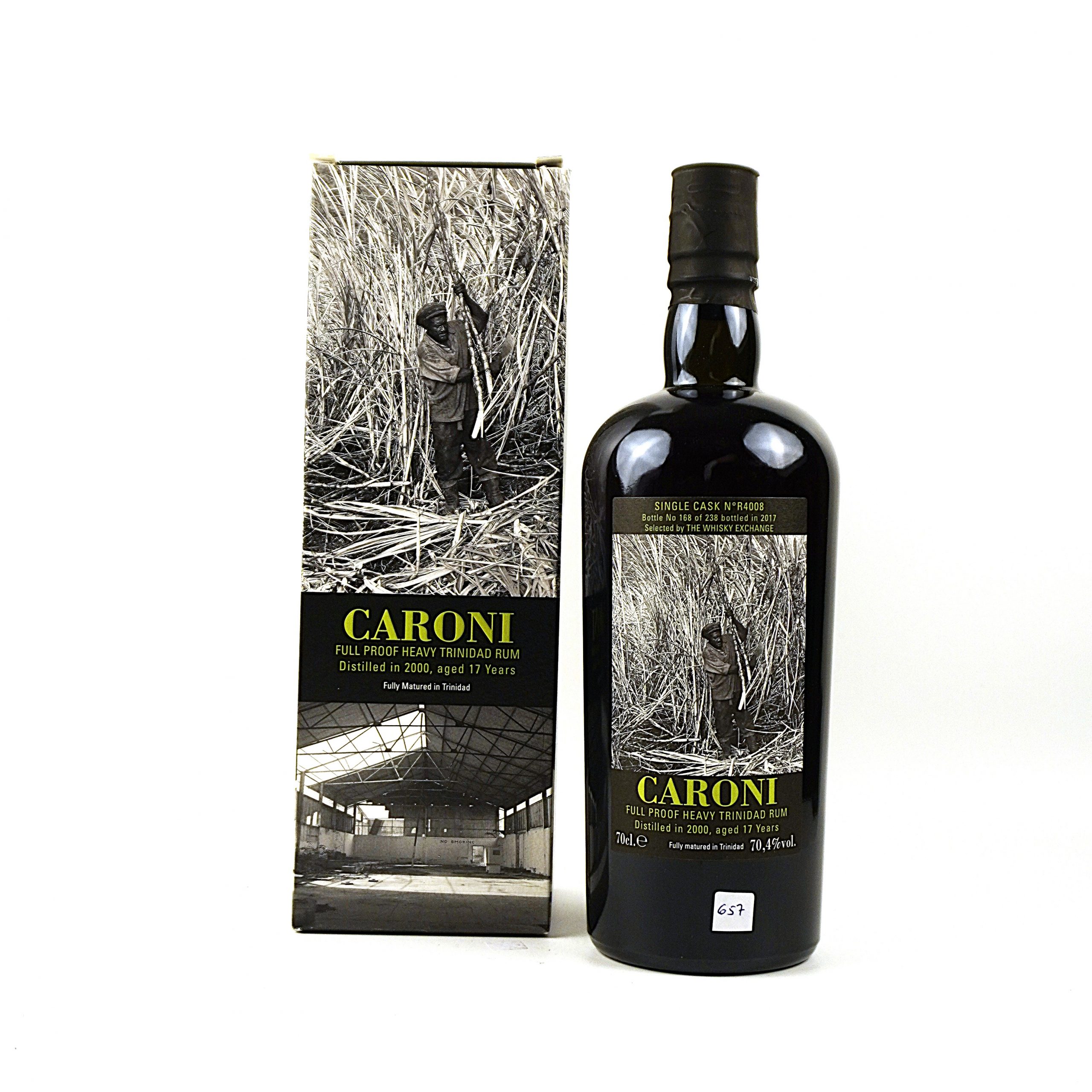 Caroni 2000 Velier Single Cask R4008 17 Jahre Trinidad Rum Flasche Vorderseite mit Originalverpackung
