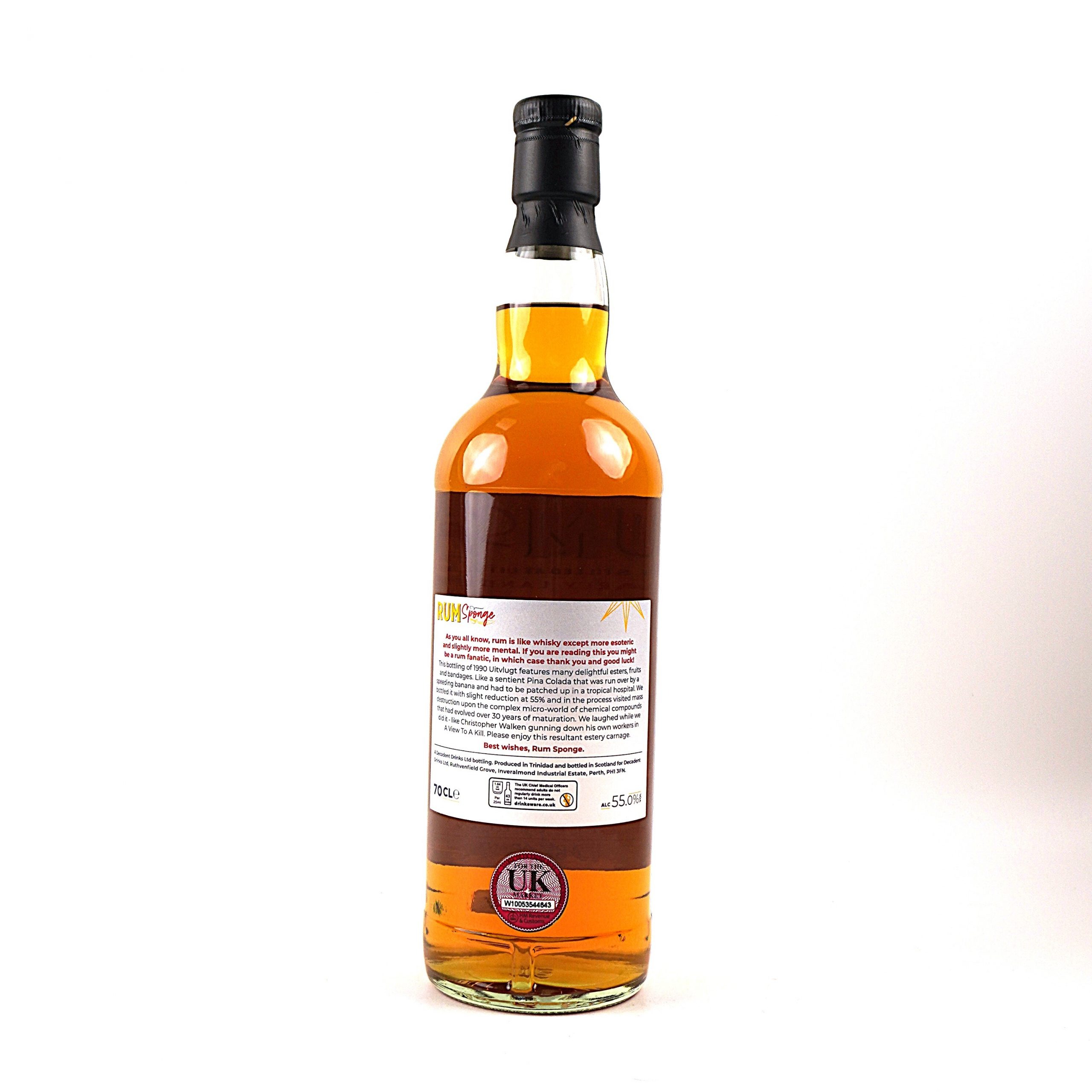 Rum Sponge 30 Year Old Edition No.4 aus Barbados, 1990 – Rumflasche mit sehr gutem Füllstand. Rückseite