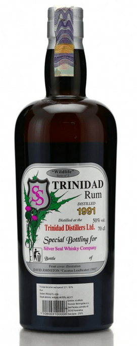 Rückseite der Rumflasche Trinidad Distillers 1991 Silver Seal Wildlife No.2 – Special Bottling mit Originaletikett, Originalverschluss und perfektem Füllstand.
